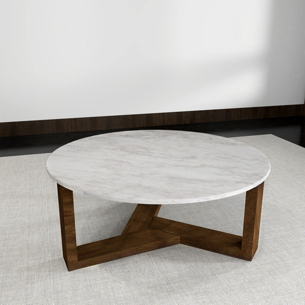 Fina Coffee Table, 38 Inch Round White Genuine Marble Top, Natural Brown Mango Wood 3 Leg Sled Base UPT-315772