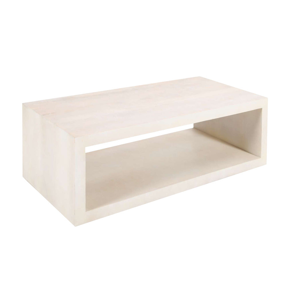 Keli Coffee Table, 58 Inch Minimalist Open Frame, Rustic Washed White Mango Wood - UPT-315990