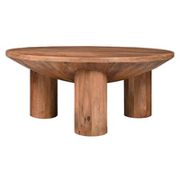 Coffee Table, 38 Inch Round Top, 3 Column Pillar Legs, Natural Brown Mango Wood UPT-316308