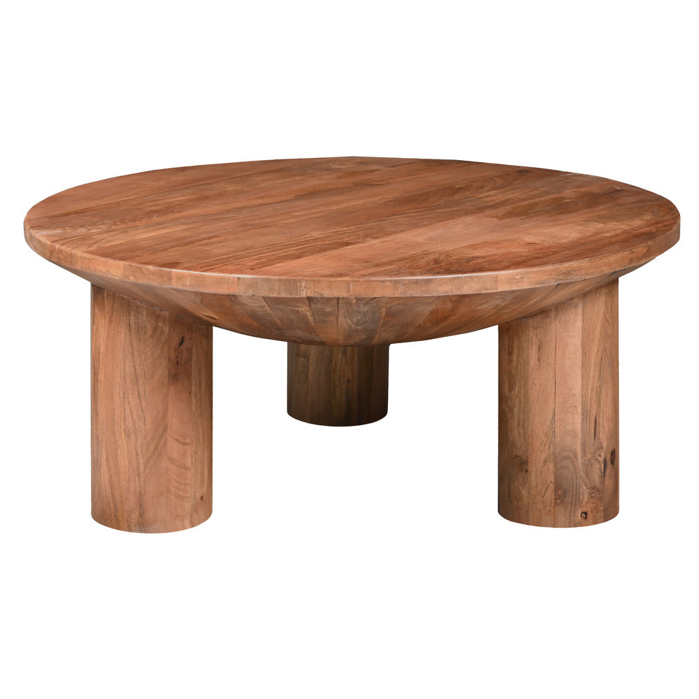 Coffee Table, 38 Inch Round Top, 3 Column Pillar Legs, Natural Brown Mango Wood UPT-316308