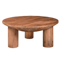 Coffee Table, 38 Inch Round Top, 3 Column Pillar Legs, Natural Brown Mango Wood UPT-316308