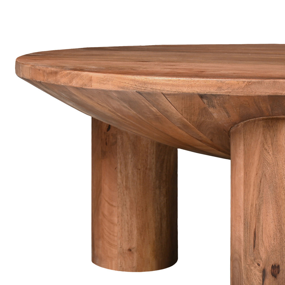 Coffee Table, 38 Inch Round Top, 3 Column Pillar Legs, Natural Brown Mango Wood UPT-316308