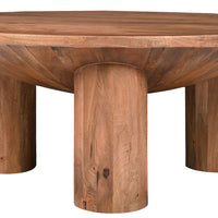 Coffee Table, 38 Inch Round Top, 3 Column Pillar Legs, Natural Brown Mango Wood UPT-316308