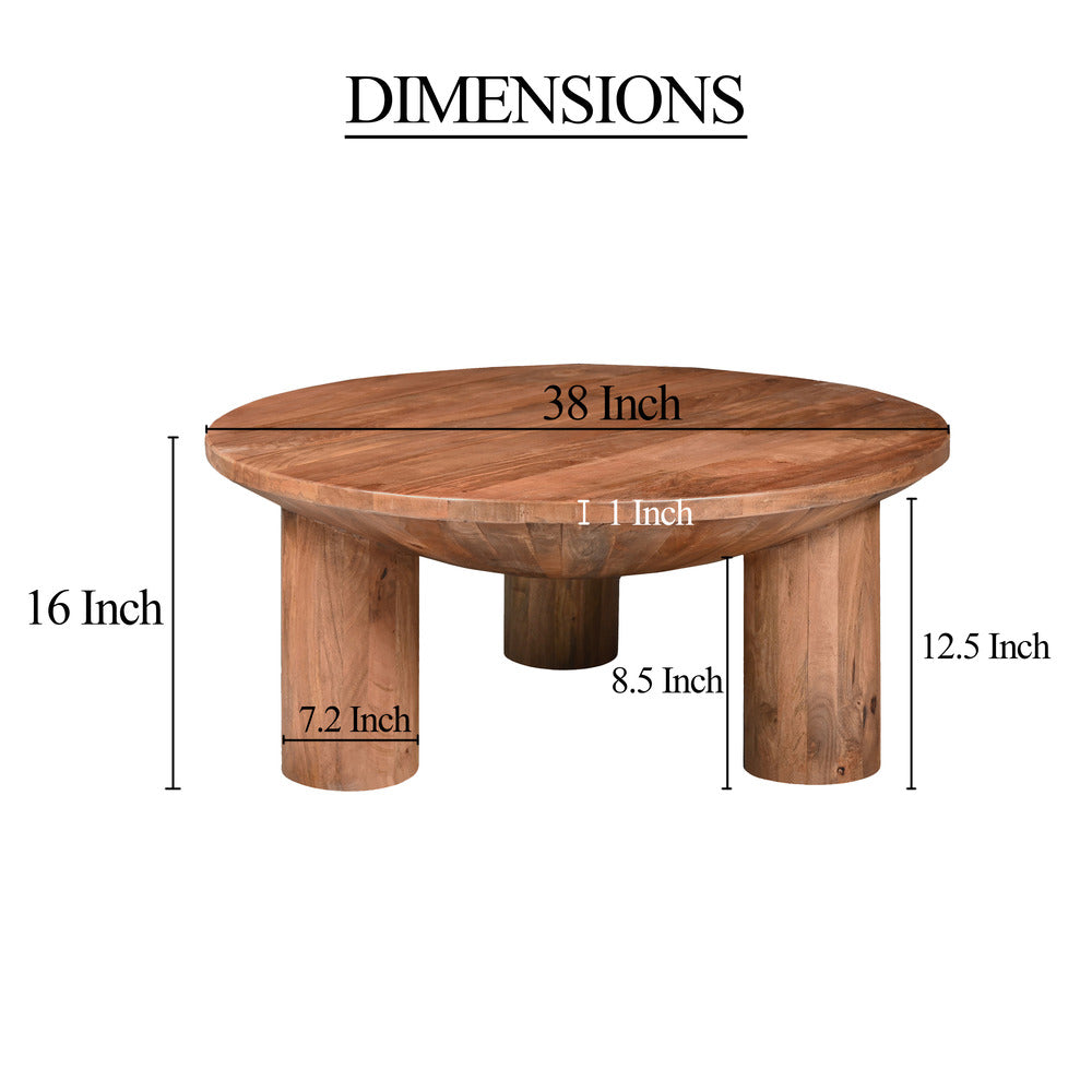 Coffee Table, 38 Inch Round Top, 3 Column Pillar Legs, Natural Brown Mango Wood UPT-316308