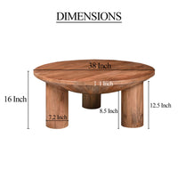 Coffee Table, 38 Inch Round Top, 3 Column Pillar Legs, Natural Brown Mango Wood UPT-316308