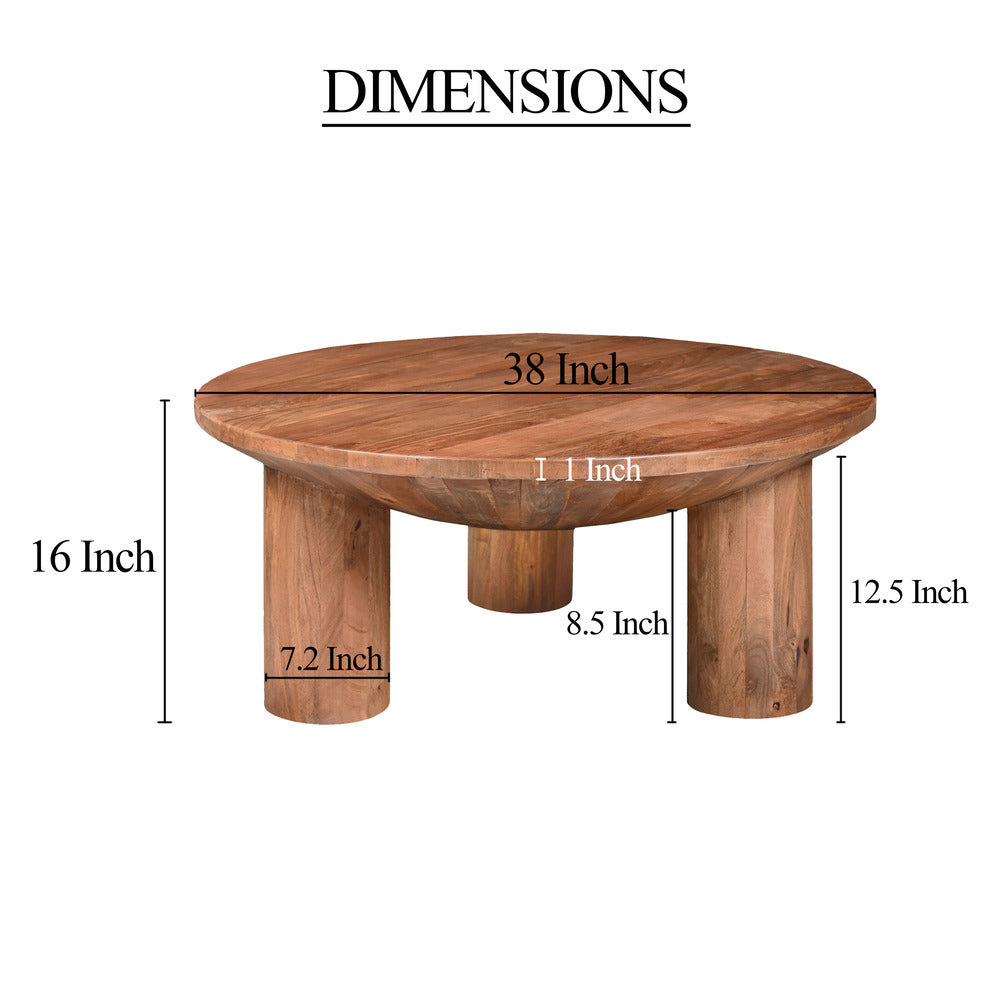 Coffee Table, 38 Inch Round Top, 3 Column Pillar Legs, Natural Brown Mango Wood UPT-316308