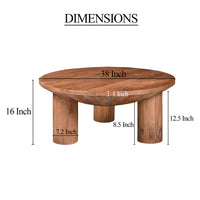 Coffee Table, 38 Inch Round Top, 3 Column Pillar Legs, Natural Brown Mango Wood UPT-316308