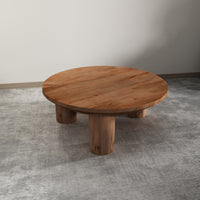 Coffee Table, 38 Inch Round Top, 3 Column Pillar Legs, Natural Brown Mango Wood UPT-316308