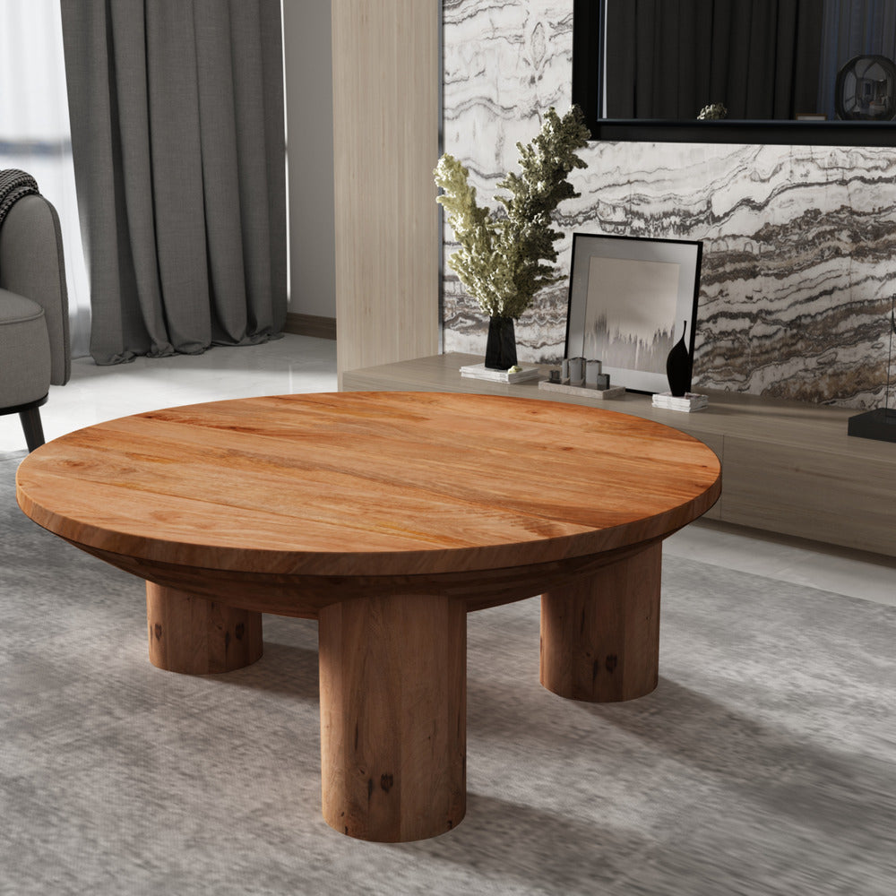 Coffee Table, 38 Inch Round Top, 3 Column Pillar Legs, Natural Brown Mango Wood UPT-316308