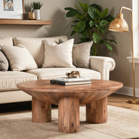 Coffee Table, 38 Inch Round Top, 3 Column Pillar Legs, Natural Brown Mango Wood UPT-316308