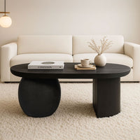 Uri 38 Inch Oval Coffee Table, Mango Wood Full and Half Spherical Leg, Sandblasted Black UPT-317171