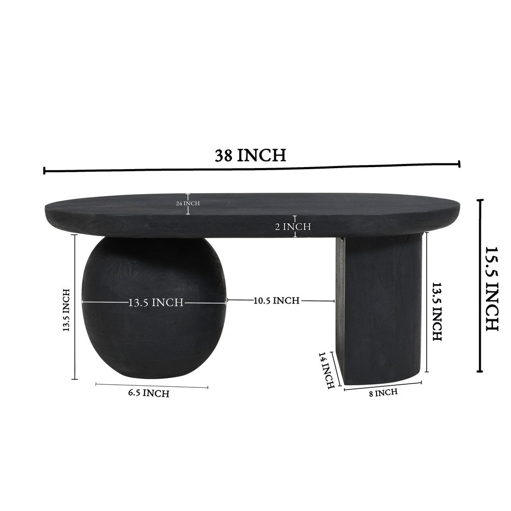 Uri 38 Inch Oval Coffee Table, Mango Wood Full and Half Spherical Leg, Sandblasted Black UPT-317171