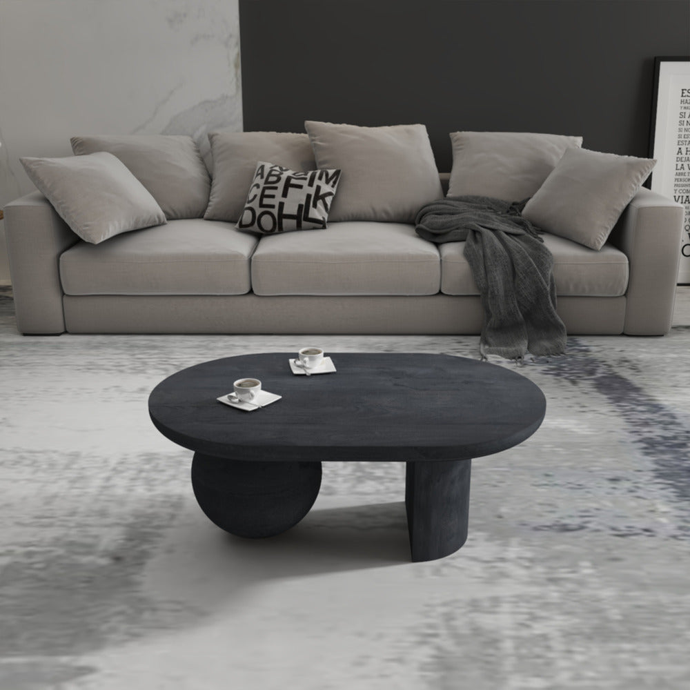 Uri 38 Inch Oval Coffee Table, Mango Wood Full and Half Spherical Leg, Sandblasted Black UPT-317171