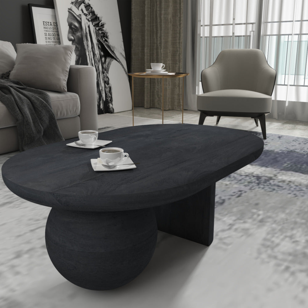 Uri 38 Inch Oval Coffee Table, Mango Wood Full and Half Spherical Leg, Sandblasted Black UPT-317171