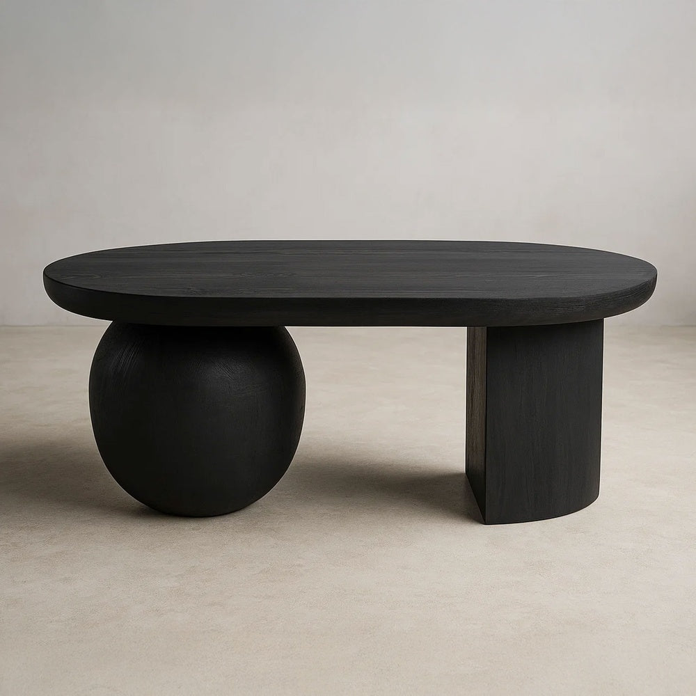 Uri 38 Inch Oval Coffee Table, Mango Wood Full and Half Spherical Leg, Sandblasted Black UPT-317171