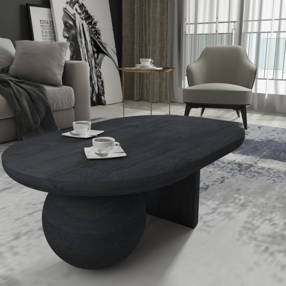 Uri 38 Inch Oval Coffee Table, Mango Wood Full and Half Spherical Leg, Sandblasted Black UPT-317171