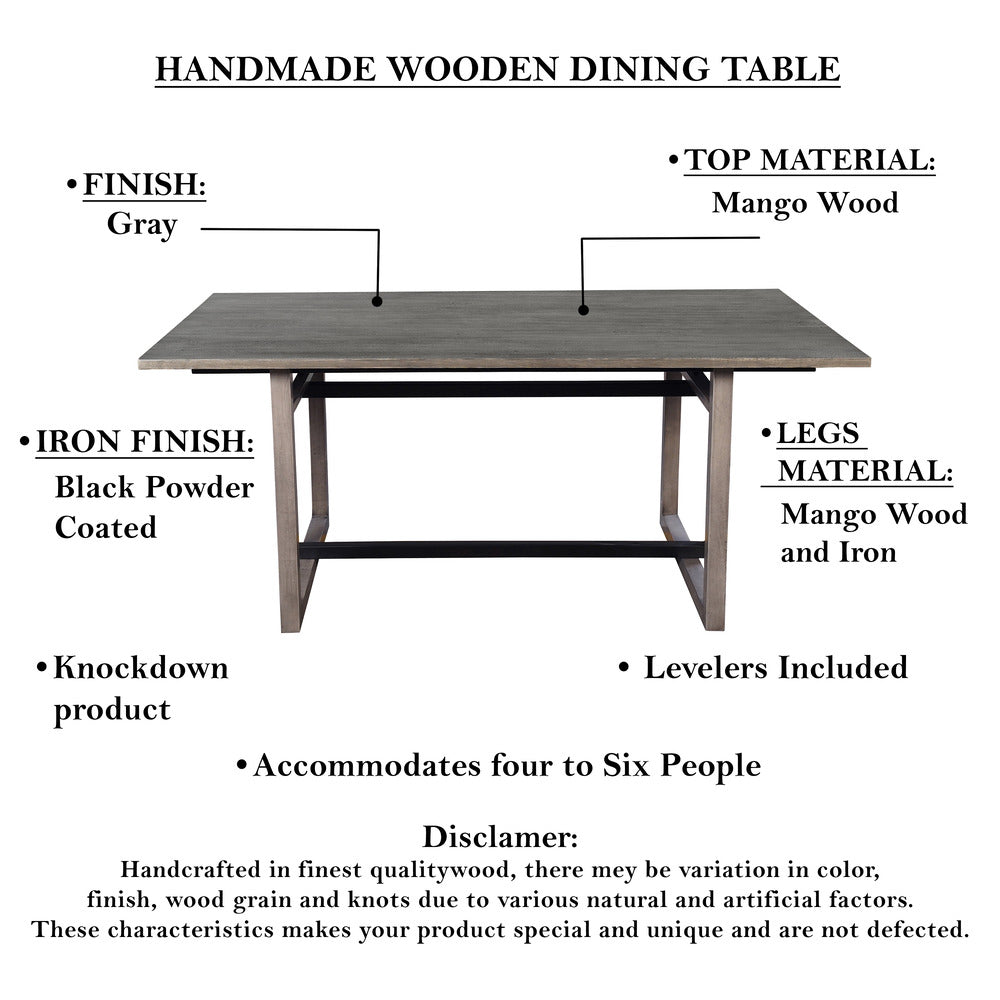 Dining Table, 72 Inch Rectangular Mango Wood Top with Iron Trestle Base, 6 Seater, Gray and Black UPT-317653