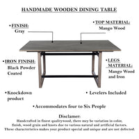 Dining Table, 72 Inch Rectangular Mango Wood Top with Iron Trestle Base, 6 Seater, Gray and Black UPT-317653