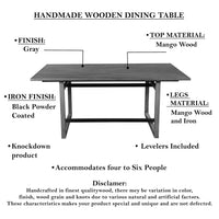St Tropez Dining Table, 72 Inch Rectangular Mango Wood Top with Iron Trestle Base, 6 Seater, Gray and Black UPT-317653