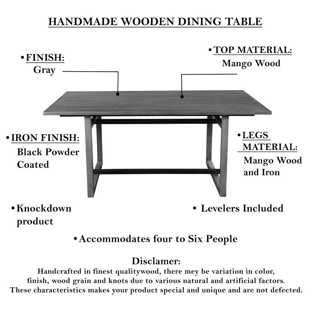 St Tropez Dining Table, 72 Inch Rectangular Mango Wood Top with Iron Trestle Base, 6 Seater, Gray and Black UPT-317653