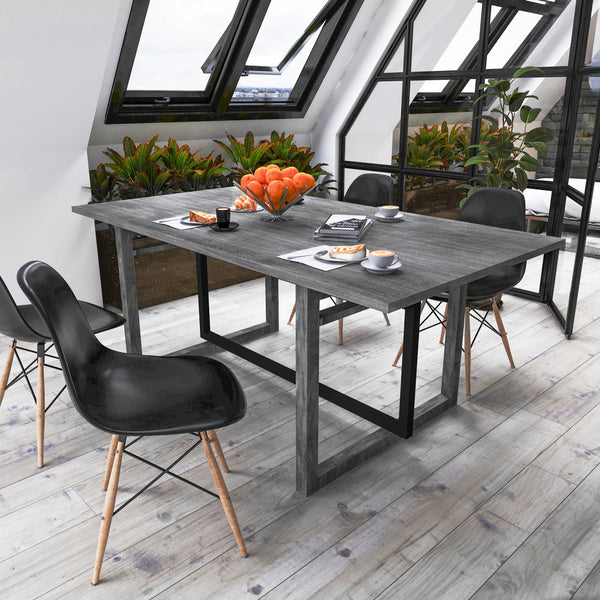 St Tropez Dining Table, 72 Inch Rectangular Mango Wood Top with Iron Trestle Base, 6 Seater, Gray and Black UPT-317653