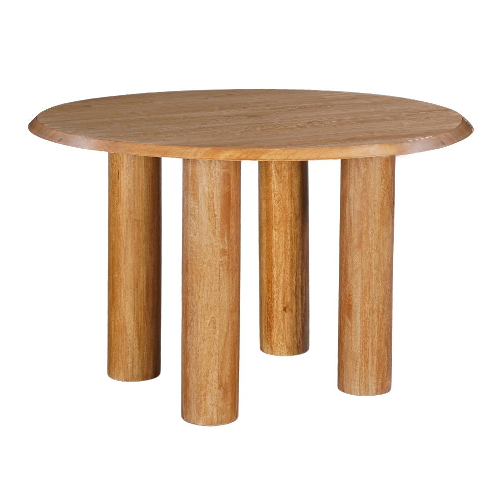 Dining Table, 48 Inch Round Top, Mango Wood Natural Brown, 4 Column Pillar Legs