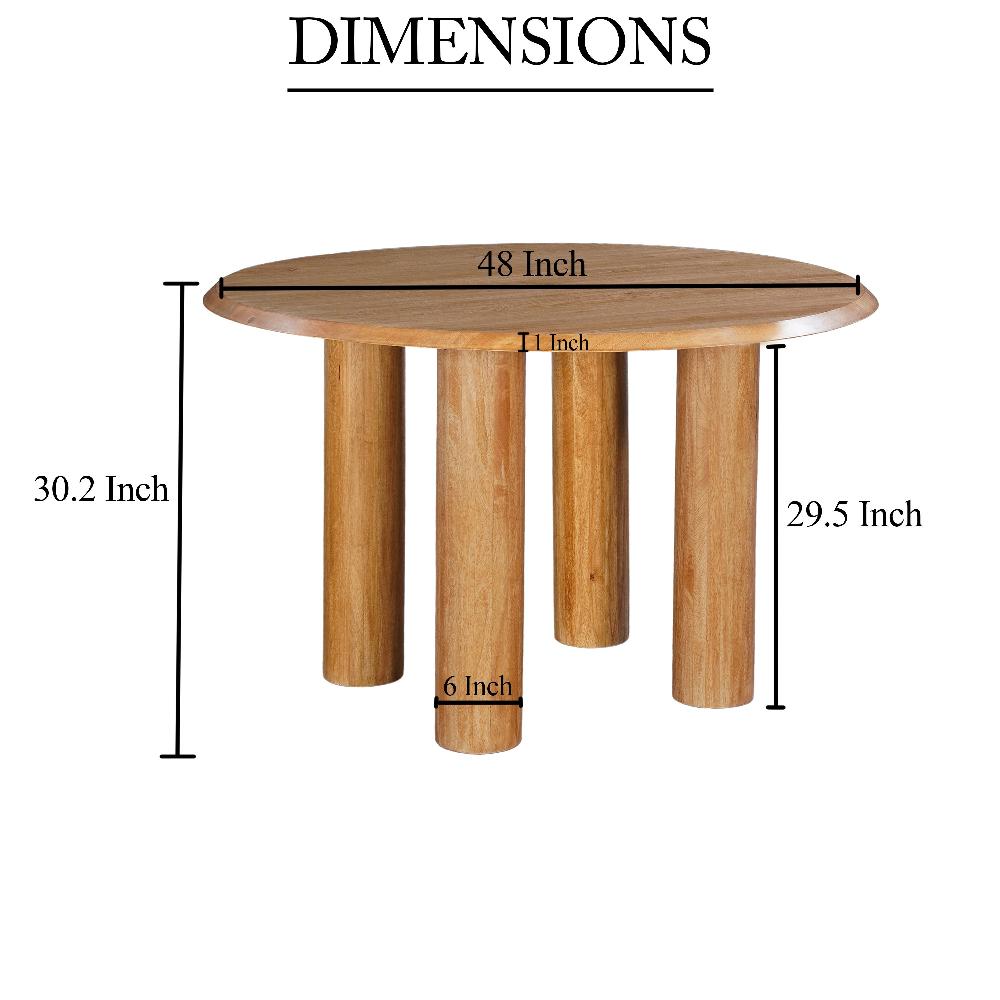 Dining Table, 48 Inch Round Top, Mango Wood Natural Brown, 4 Column Pillar Legs