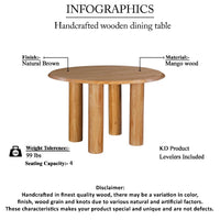 Dining Table, 48 Inch Round Top, Mango Wood Natural Brown, 4 Column Pillar Legs