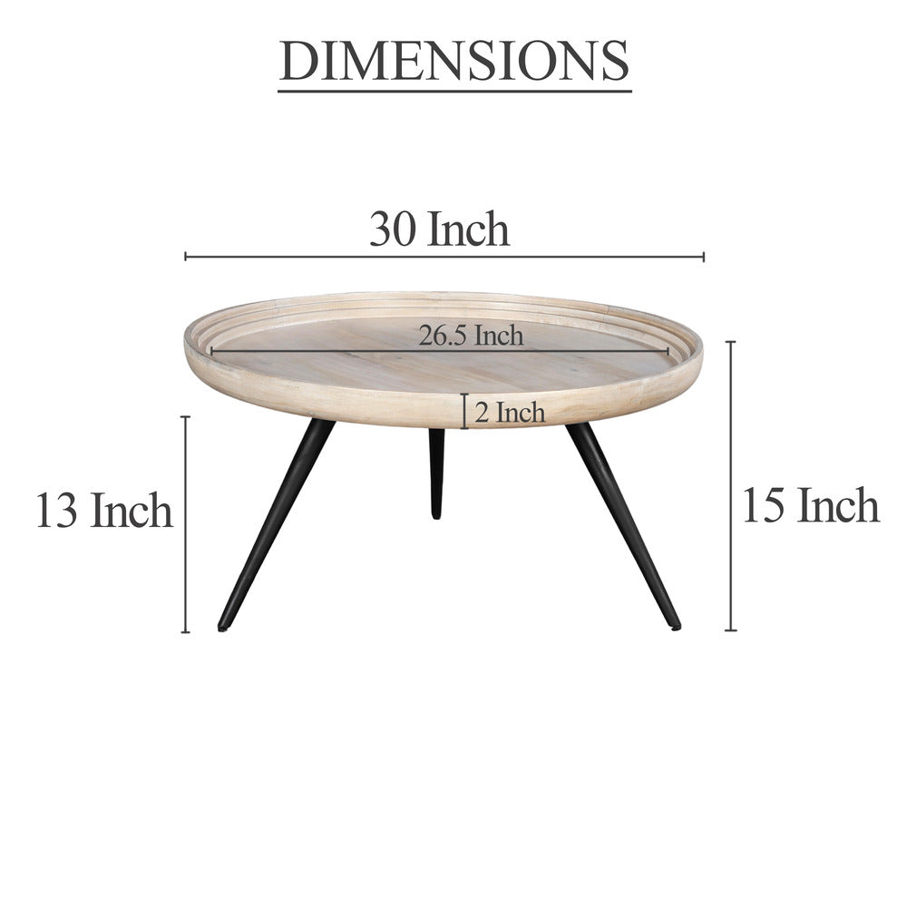 Urban Chic Coffee Table 30 Inch Round Tray Top, Handcrafted Washed White Mango Wood - UPT-317655