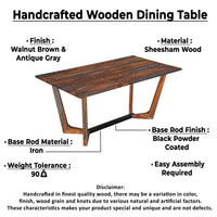 Myra 6 Seater Dining Table, 67" Rectangular Top in Walnut Brown and Antique Gray Sheesham Wood, Black Metal Base - UPT-318398