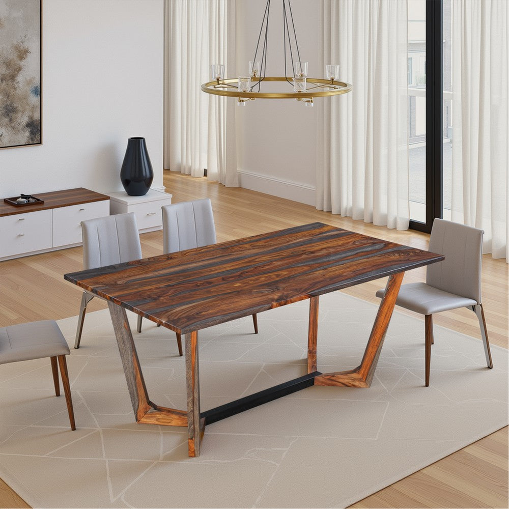 Myra 6 Seater Dining Table, 67" Rectangular Top in Walnut Brown and Antique Gray Sheesham Wood, Black Metal Base - UPT-318398