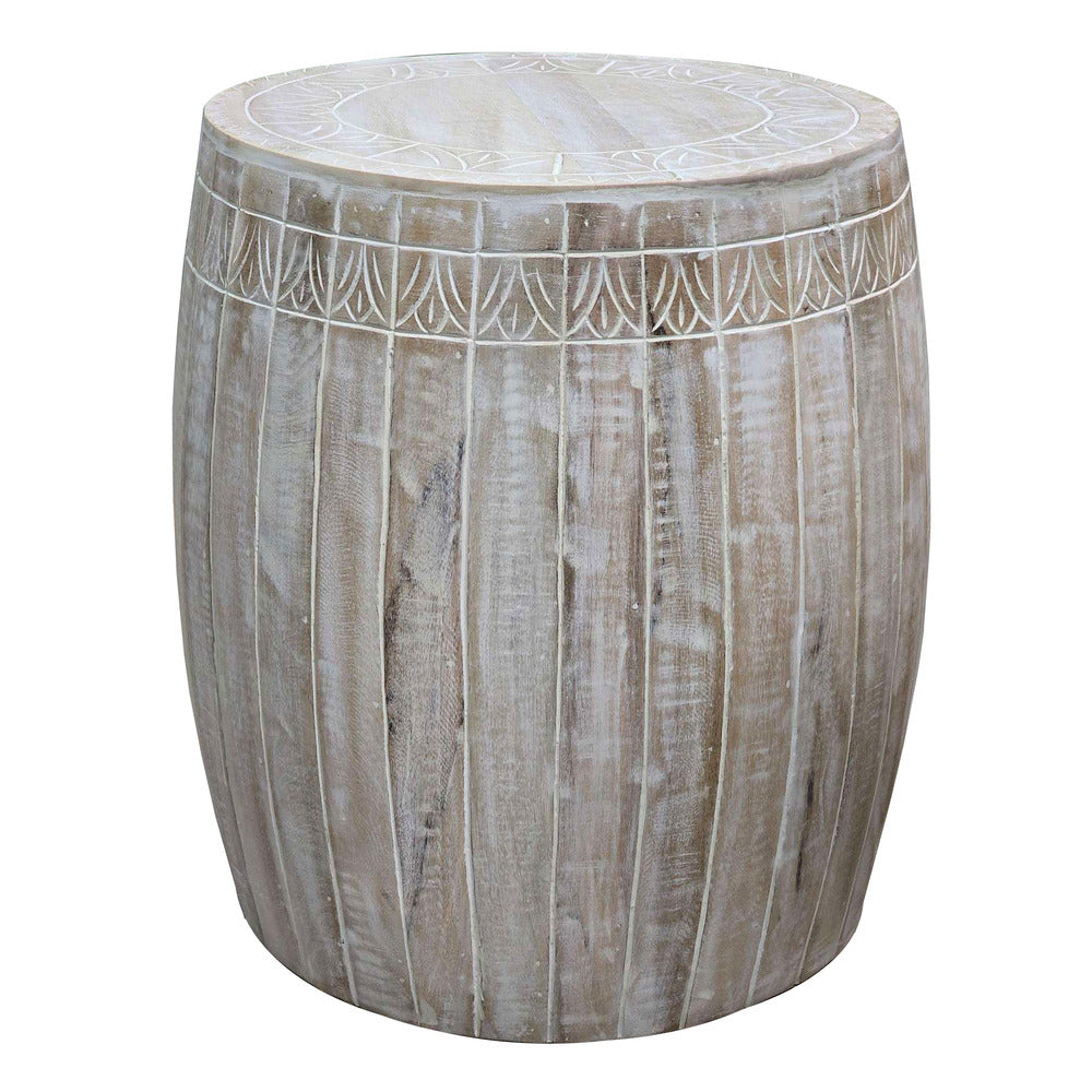 Serenity Barrel Side End Table with 18 Inch Round Top, In Antique White Mango Wood - UPT-319226