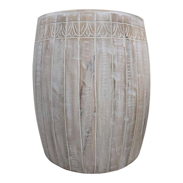 Serenity Barrel Side End Table with 18 Inch Round Top, In Antique White Mango Wood - UPT-319226