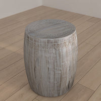 Serenity Barrel Side End Table with 18 Inch Round Top, In Antique White Mango Wood - UPT-319226