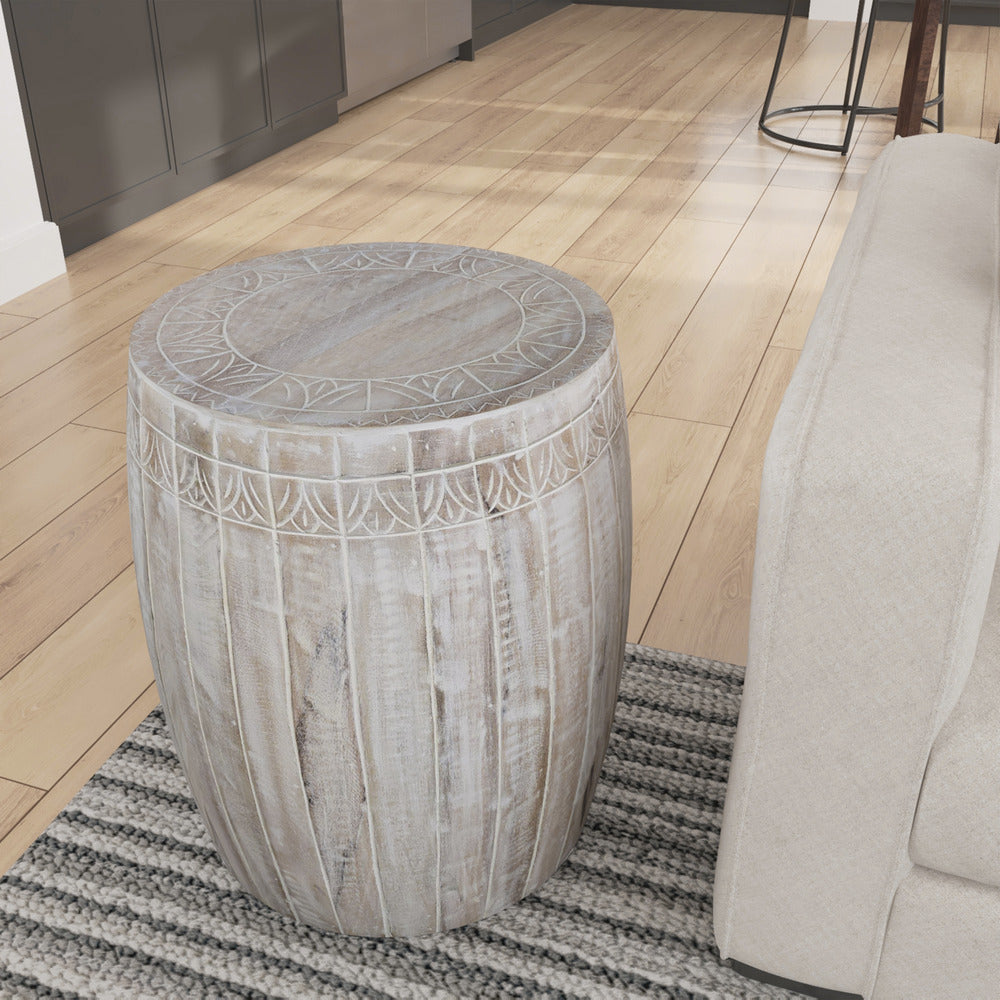 Serenity Barrel Side End Table with 18 Inch Round Top, In Antique White Mango Wood - UPT-319226