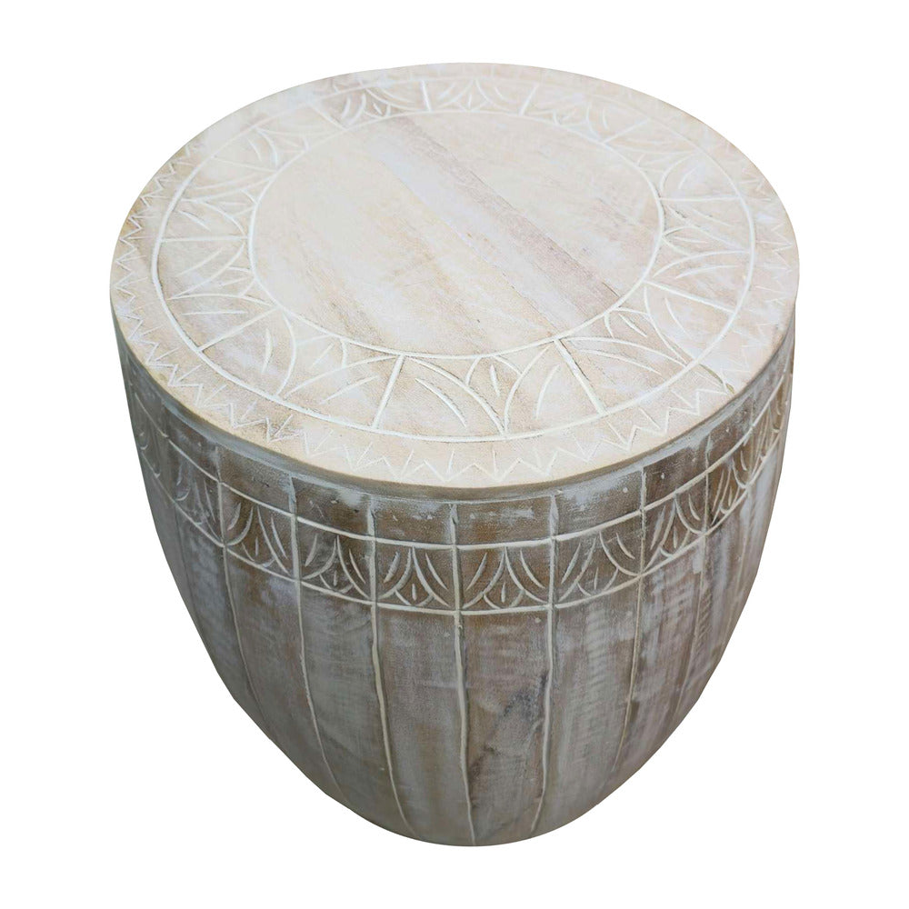 Serenity Barrel Side End Table with 18 Inch Round Top, In Antique White Mango Wood - UPT-319226