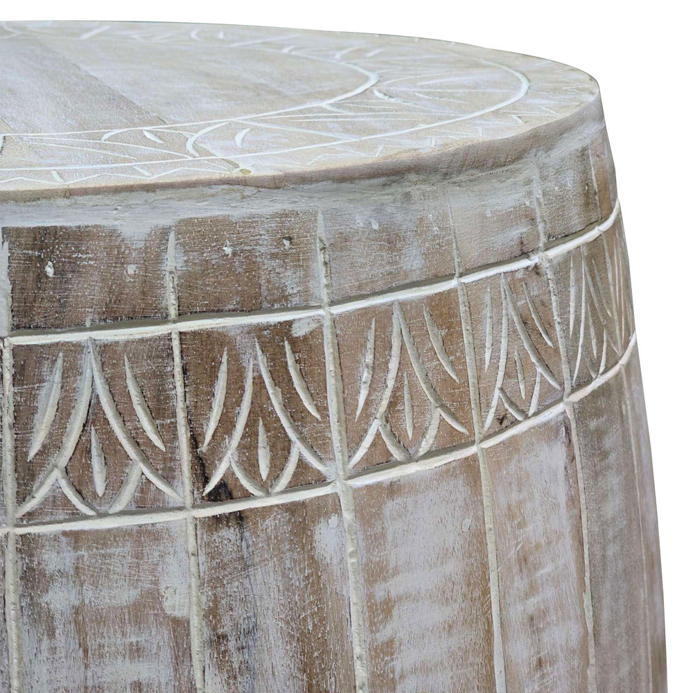 Serenity Barrel Side End Table with 18 Inch Round Top, In Antique White Mango Wood - UPT-319226