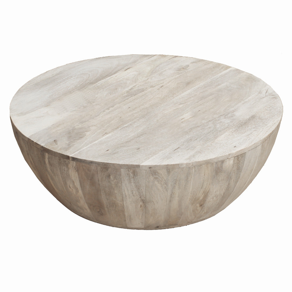 Arthur 35.5 Inch Round Mango Wood Coffee Table, Subtle Grains, Distressed White - UPT-32181