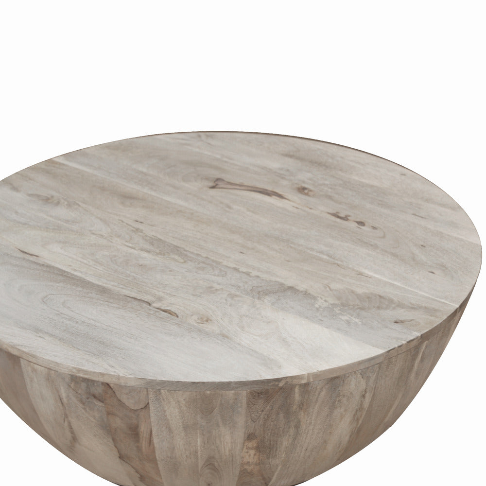 Arthur 35.5 Inch Round Mango Wood Coffee Table, Subtle Grains, Distressed White - UPT-32181