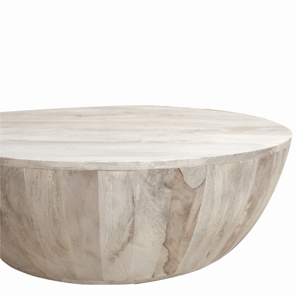 Arthur 35.5 Inch Round Mango Wood Coffee Table, Subtle Grains, Distressed White - UPT-32181