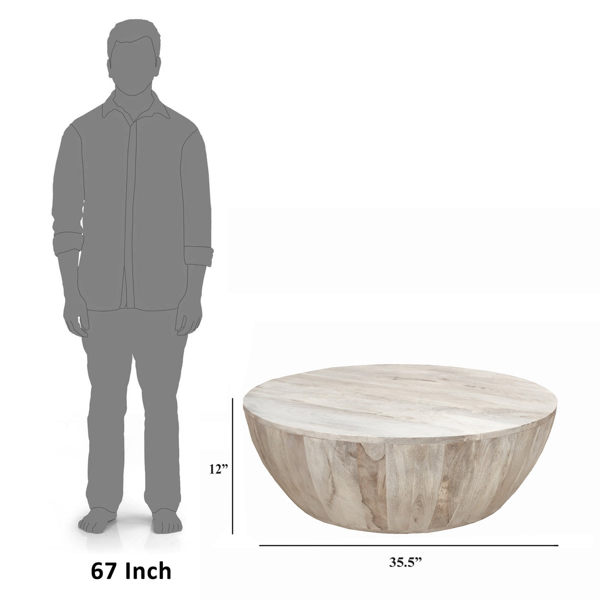 Arthur 35.5 Inch Round Mango Wood Coffee Table, Subtle Grains, Distressed White - UPT-32181