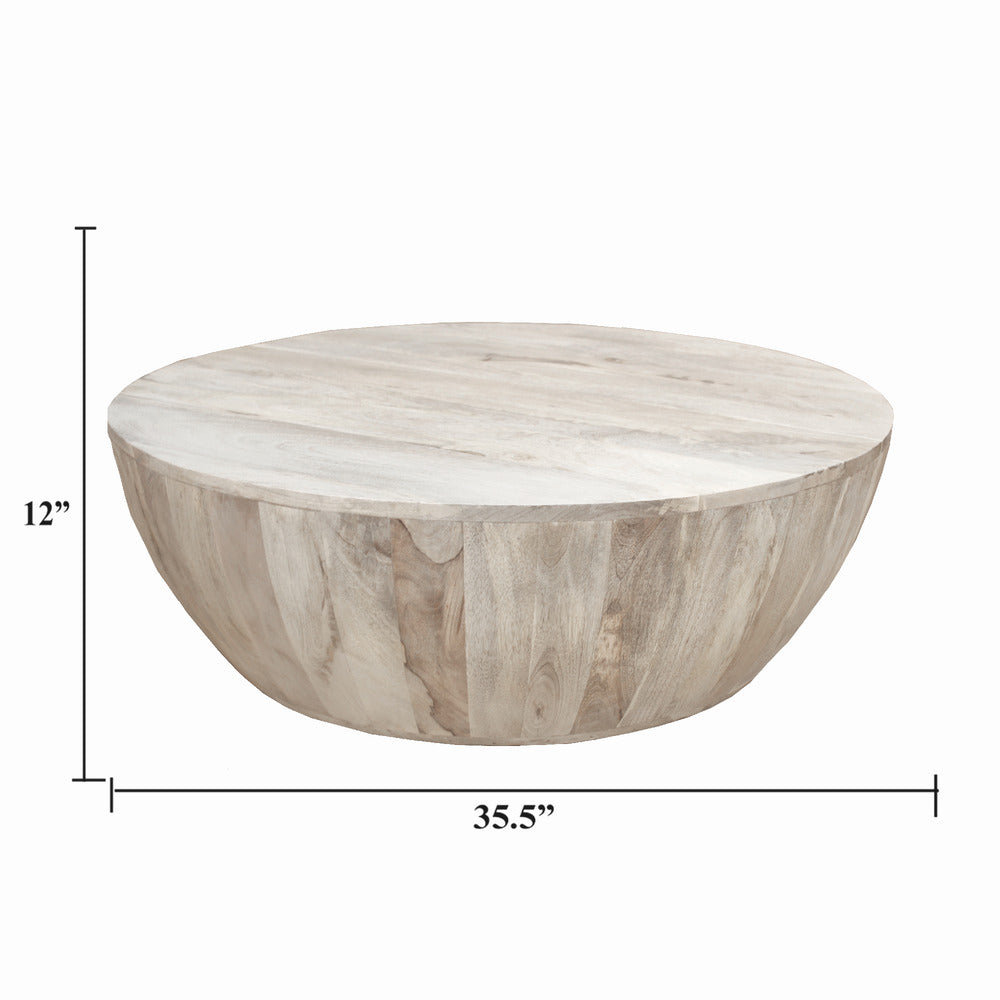 Arthur 35.5 Inch Round Mango Wood Coffee Table, Subtle Grains, Distressed White - UPT-32181