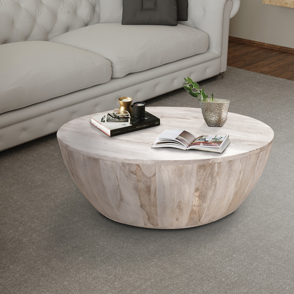 Arthur 35.5 Inch Round Mango Wood Coffee Table, Subtle Grains, Distressed White - UPT-32181