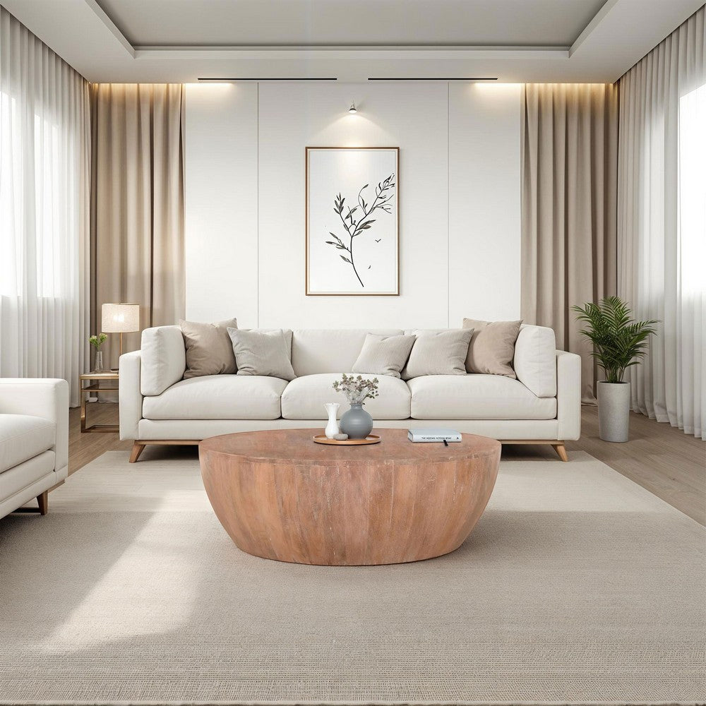 Arthur Drum Shape Wooden Coffee Table with Plank Design Base, Distressed Brown - UPT-32182