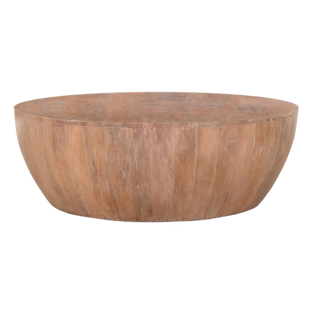 Arthur Drum Shape Wooden Coffee Table with Plank Design Base, Distressed Brown - UPT-32182
