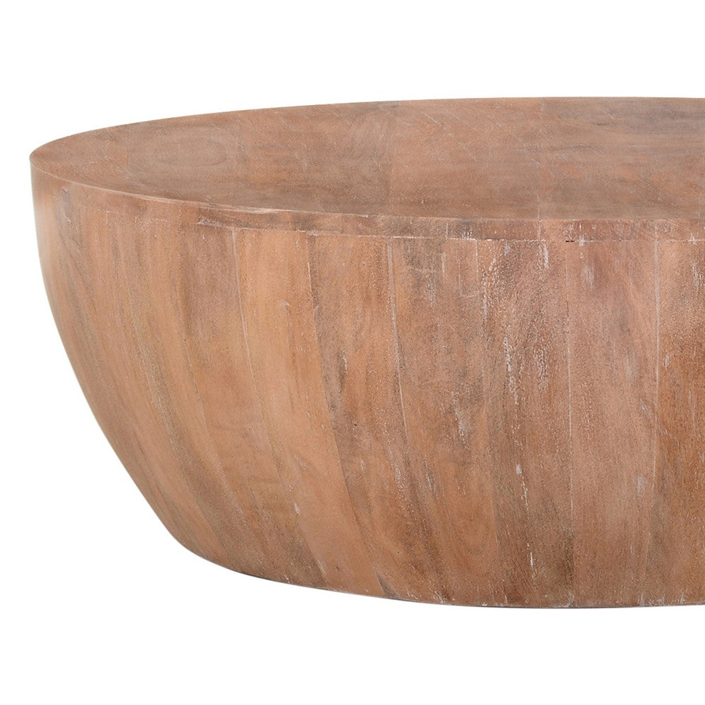 Arthur Drum Shape Wooden Coffee Table with Plank Design Base, Distressed Brown - UPT-32182