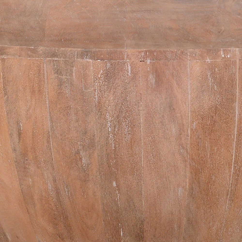 Arthur Drum Shape Wooden Coffee Table with Plank Design Base, Distressed Brown - UPT-32182