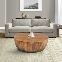 Arthur Drum Shape Wooden Coffee Table with Plank Design Base, Distressed Brown - UPT-32182