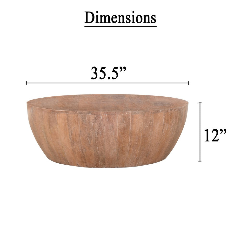 Arthur Drum Shape Wooden Coffee Table with Plank Design Base, Distressed Brown - UPT-32182