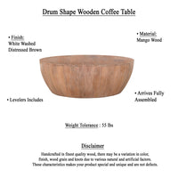 Arthur Drum Shape Wooden Coffee Table with Plank Design Base, Distressed Brown - UPT-32182
